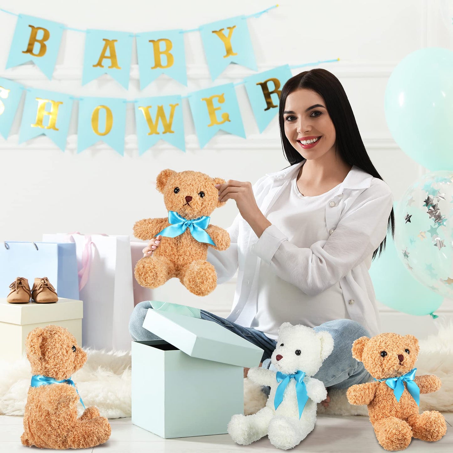 Kathfly 12 Pcs Valentine‘s Day Mini Stuffed Bears Bulk 10 Inch Small Plush Bears Bulk Cute Animal with Ribbon Bow Toy Gift for Birthday Wedding Party Valentine‘s Day Brown White(Blue)