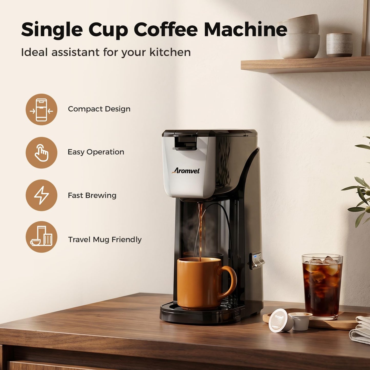 Aromvel 2-in-1 Single Serve Coffee Maker for K Cup Pods & Ground Coffee, 6 to 14 oz Brew Sizes, Compact Small Brewer with Dual Buttons, Adjustable Drip Tray for Travel Mugs, Silver