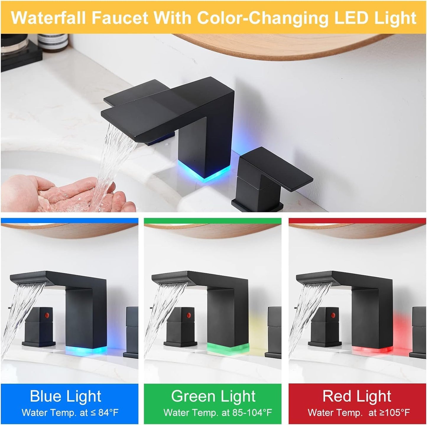 BESy Led 3 Hole Bathroom Sink Faucet, Matte Black Waterfall Widespread Bathroom Faucet with 3 Colors Light Changing, 2 Handle with Supply Lines with Pop Up Drain