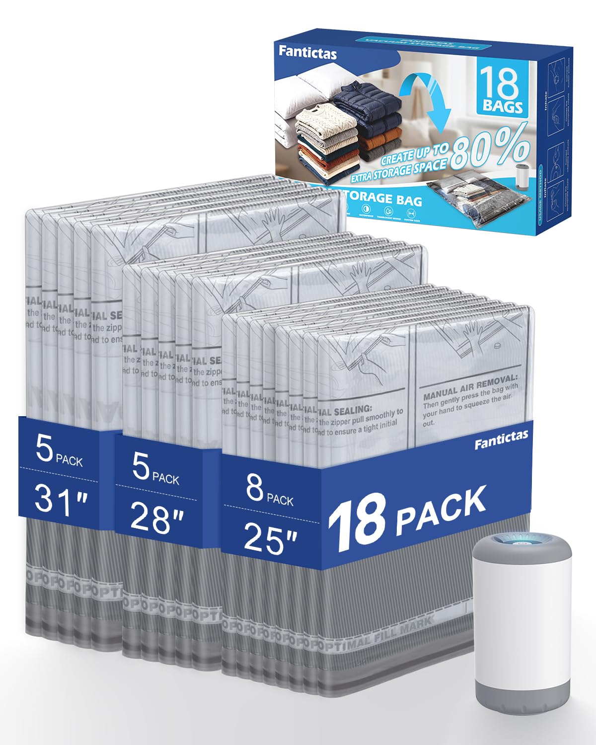 Fantictas Vacuum Storage Bags for Travel 18 Pack Combo Space Saver Bags with Rechargeable Pump Vacuum Seal Bags for Clothing and Clothes Carry-on Size Vacuum Bags for travel Compression Packing Bags