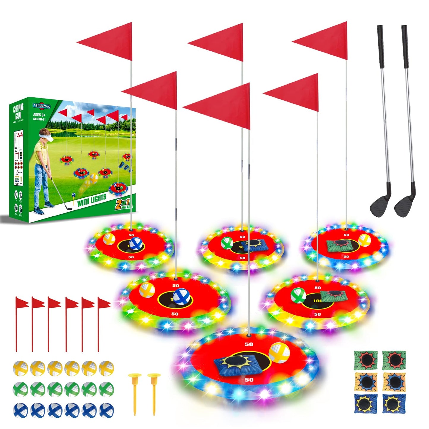 TERRAMUS Light Up Golf Play Set - Upgraded Backyard Golf Chipping Game with 6 LED Targets, 2 Clubs, 18 Balls, 6 Bean Bags, Night Golf Toys Gifts for Kids Golfers Family Indoor Outdoor Beach Lawn Park