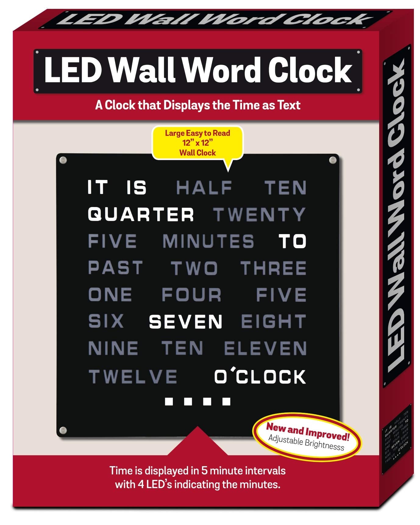 Tech Tools LED Word Clock - Displays Time as Text - Powered by AC Adapter (12" x 12")