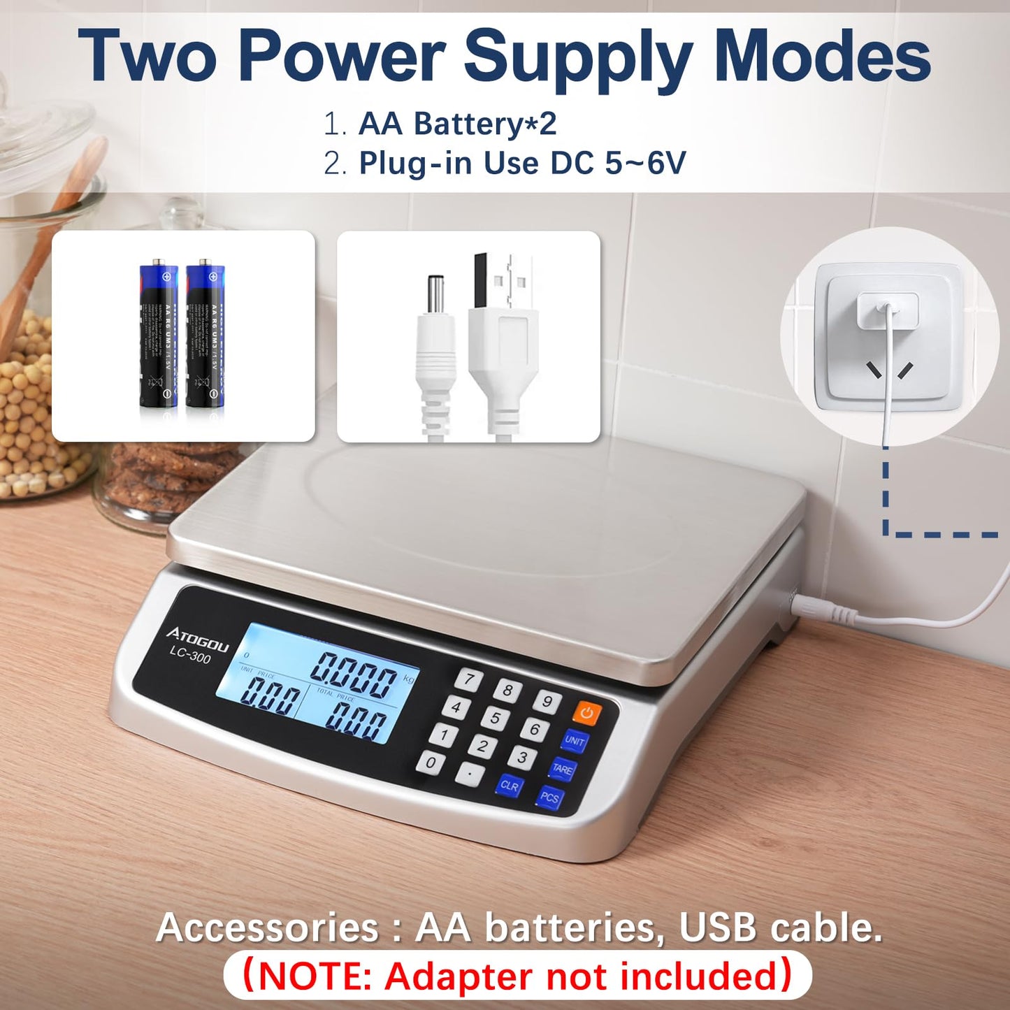 ATOGOU 66lb/30kg Commercial Large Digital Kitchen Scale 0.05oz/1g with Price Computing, 304 Stainless Steel Scale, AA Battery or Plug-in Use and LCD Display for Baking, Cooking, Counting Coins DT580