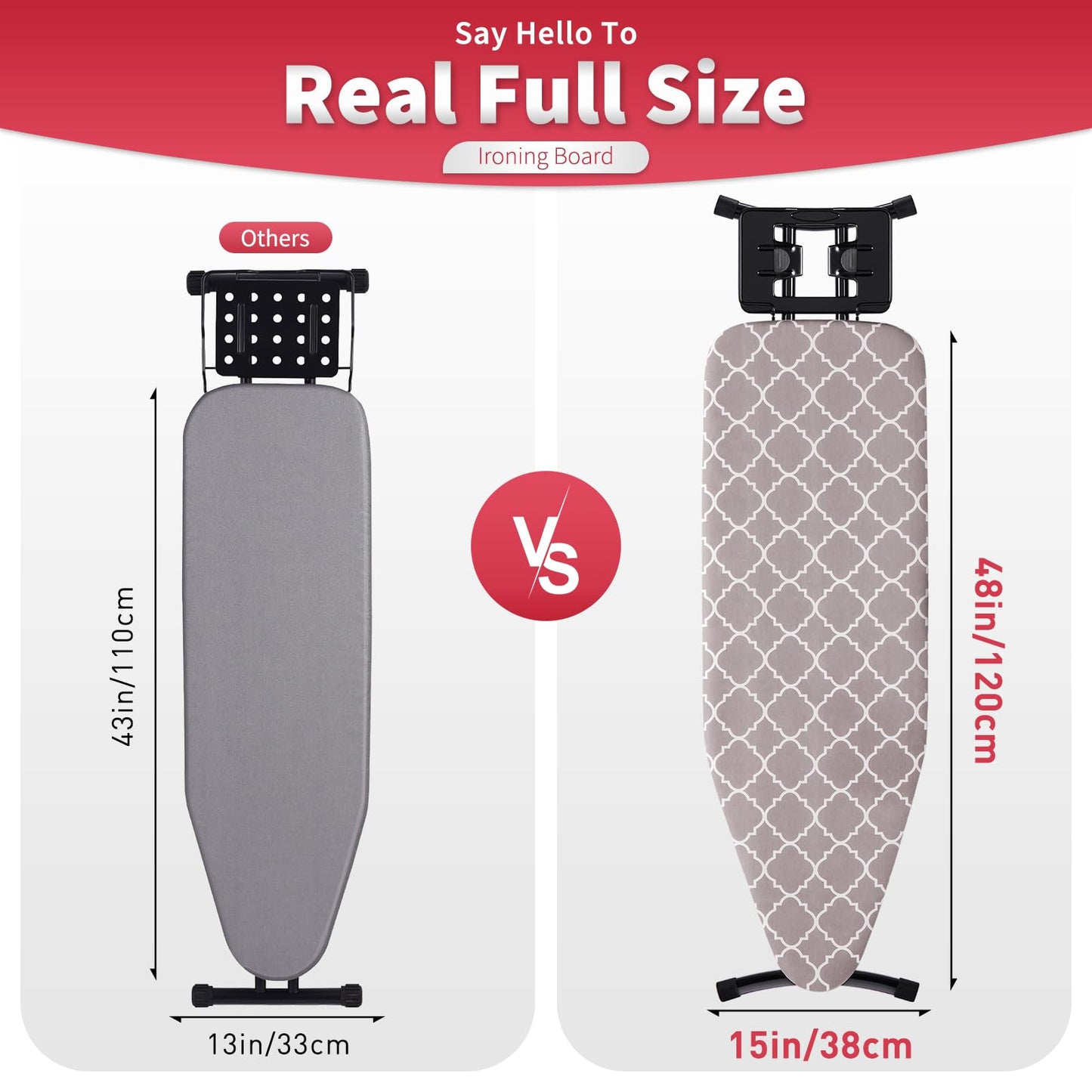 Full Size Ironing Board 57" L X15 W, Large Wide Sturdy Ironing Board with Iron Rest, Foldable Adjustable Iron Board with Heat Resistant Cover, Enhanced Stability (Black Gray)