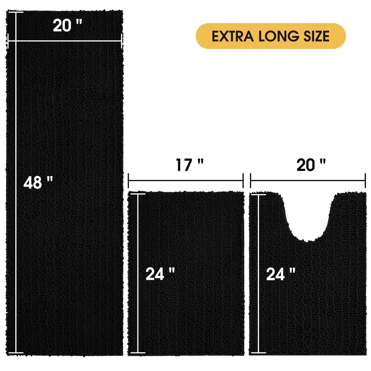 ACCUMTEK Upgrade Extra Large Black Bathroom Rug Set 3 Pieces Ultra Soft, Thick Absorbent Bath Mats, Non Slip Chenille Toilet Mat for Bathroom, Bedroom, Kitchen