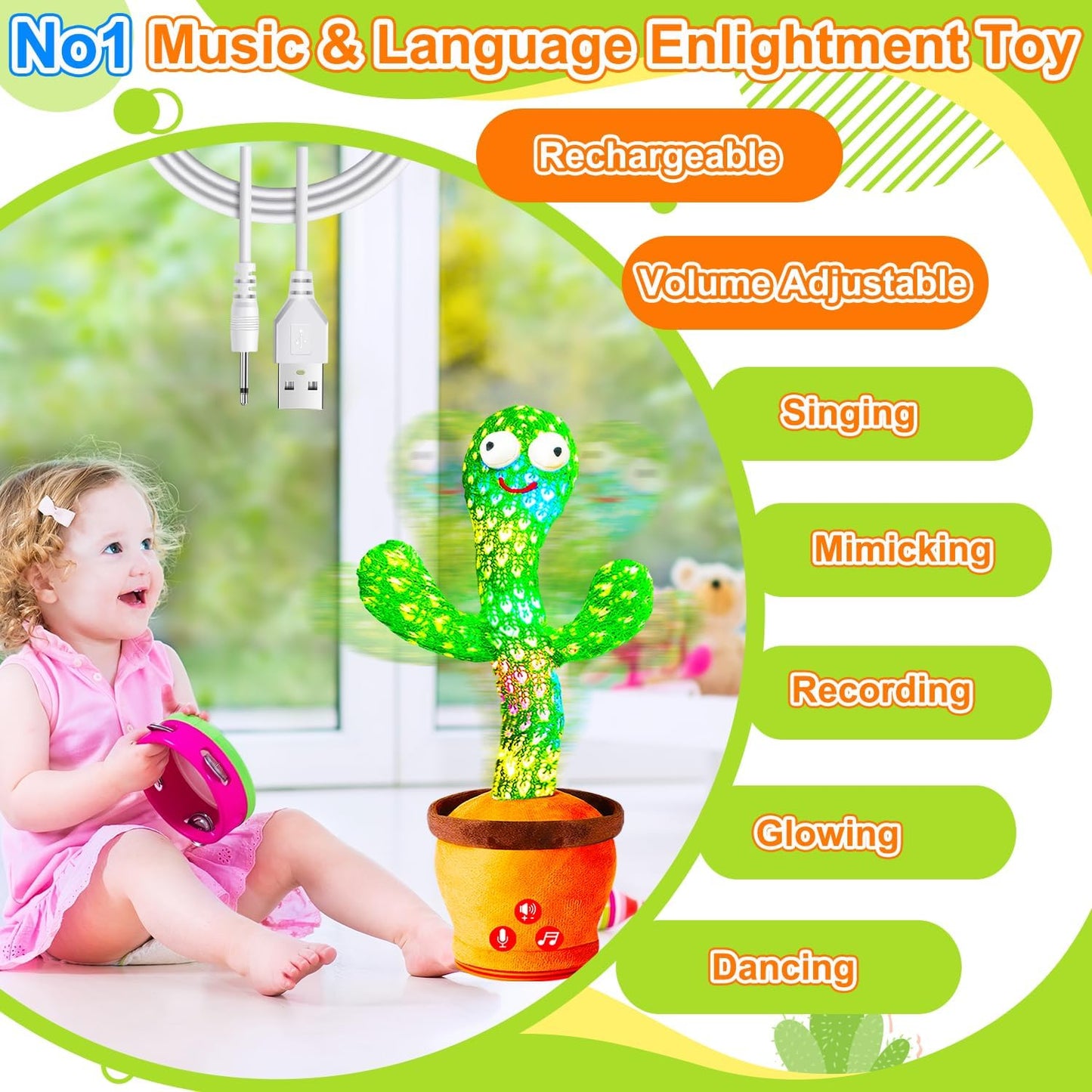 Volume Adjustable Dancing Talking Cactus Toy for Baby Toddler, Interactive Cactus Baby Toy, Mimicking Singing Repeating, Toddler Baby Toys, Birthday Gifts for Girls Boys