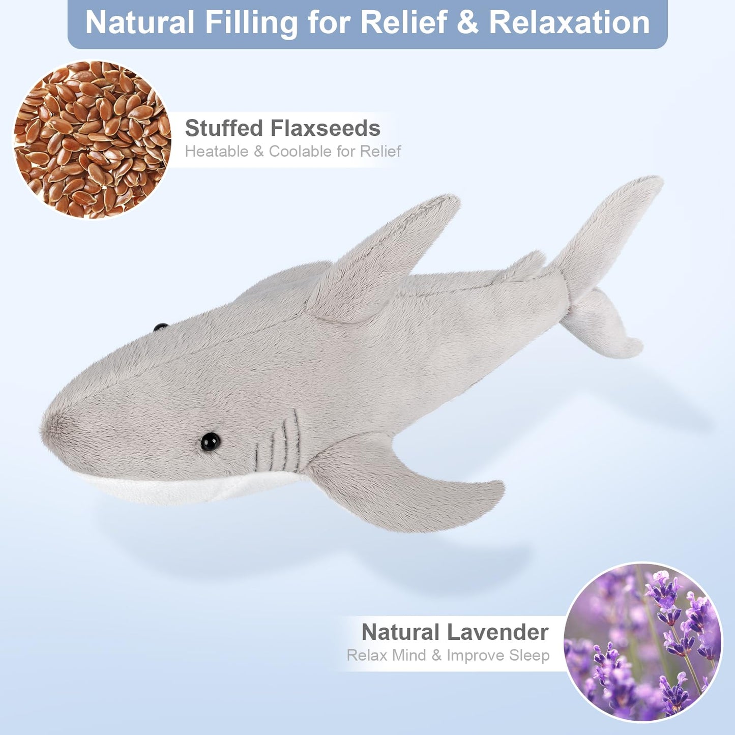SuzziPals Microwavable & Coolable Shark Plush, Shark Stuffed Animal, Heatable & Coolable Plush Toy for Soothing Fatigue, Lavender Scented, Grey Shark Plush Toy