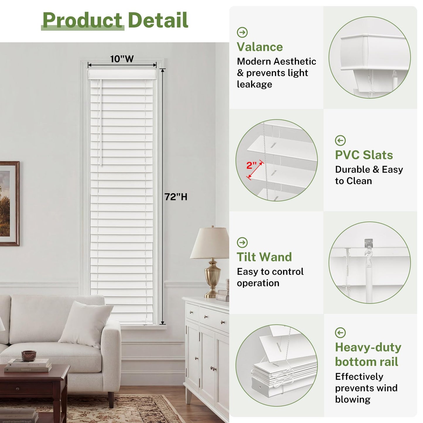 MiLin Cordless Sidelight Door Blinds 10"x 72" Horizontal Window Mini Blinds Faux Wood White Adjustable Tilt Wand Smooth, Privacy, Room Darkening Perfect for Sidelights & Front Door Entries 1 Pack