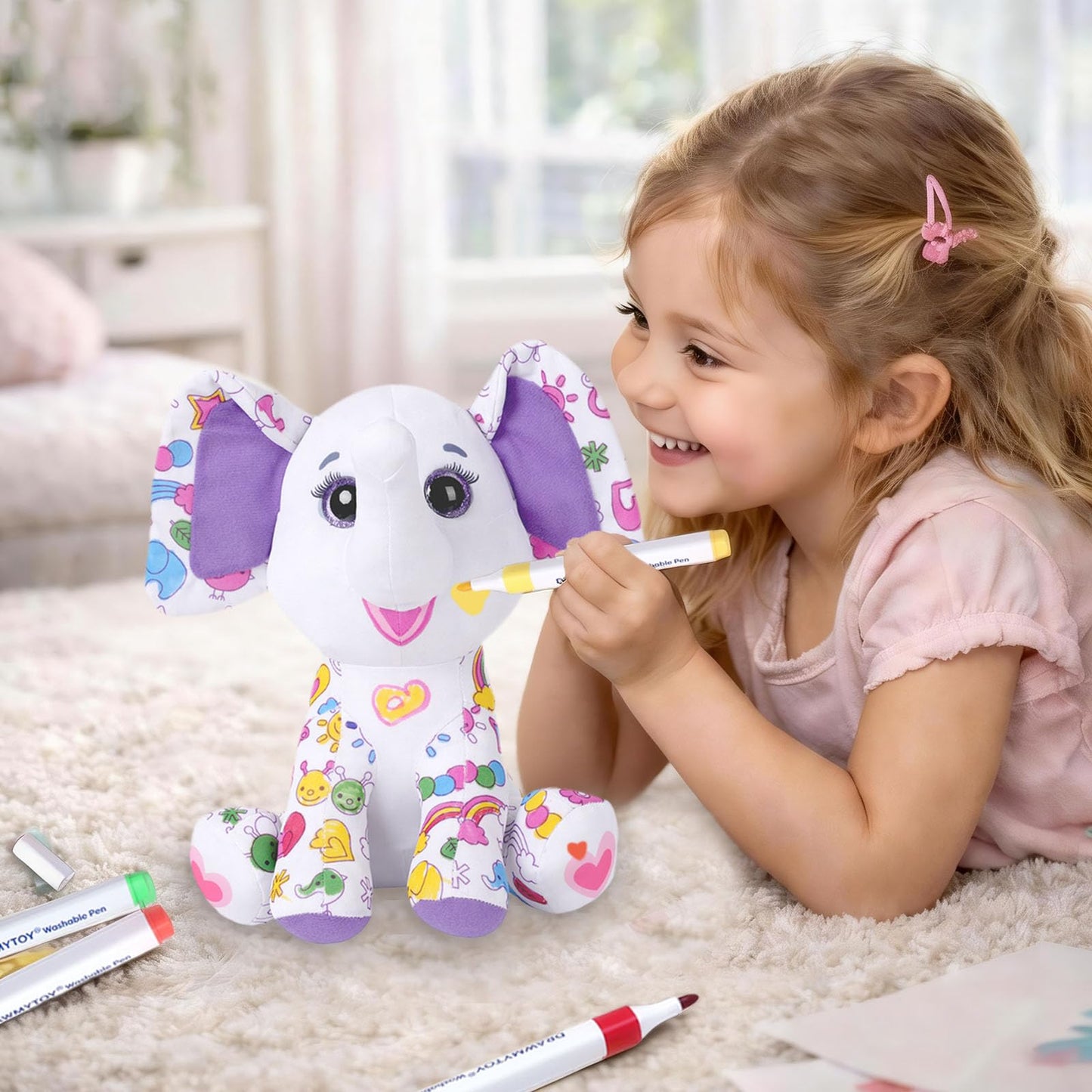 DIY Coloring Plush Toy with Washable Markers, Scribble Pets Stuffed Animal, Doodle Dolls Art Toy for Boys and Girls Ages 3-8, Birthday Gift (Elephant)