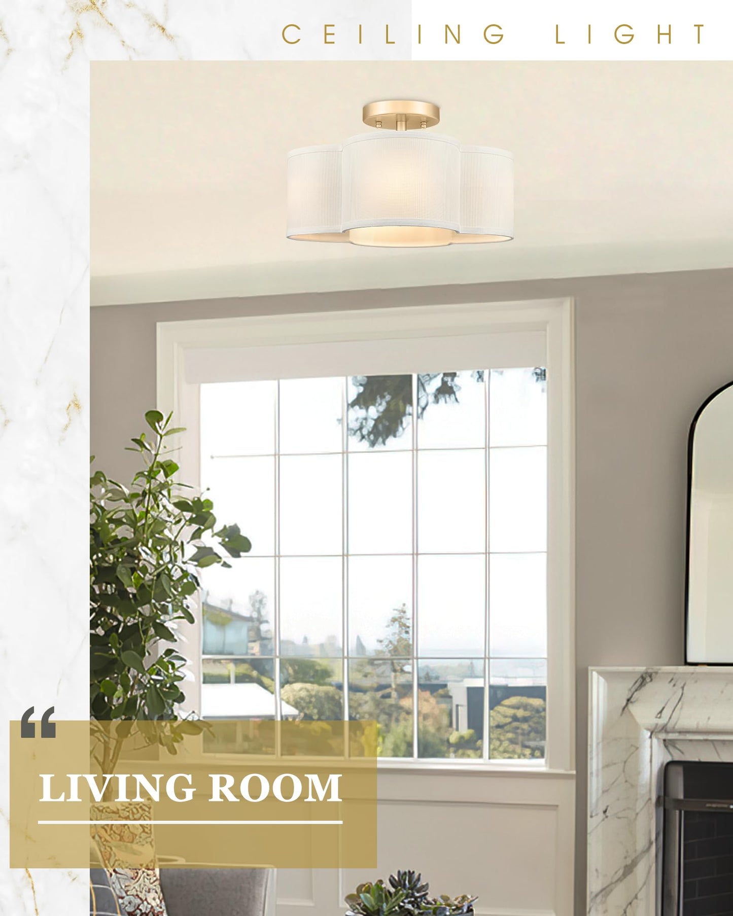 Audickic Gold Semi Flush Mount Ceiling Lights, 14" 4-Light Ceiling Light Fixtures with Fabric Shade in Quatrefoil Shape, Farmhouse Brass Drum Lighting for Kitchen Hallway Bedroom, AD-22007-4SF-GD