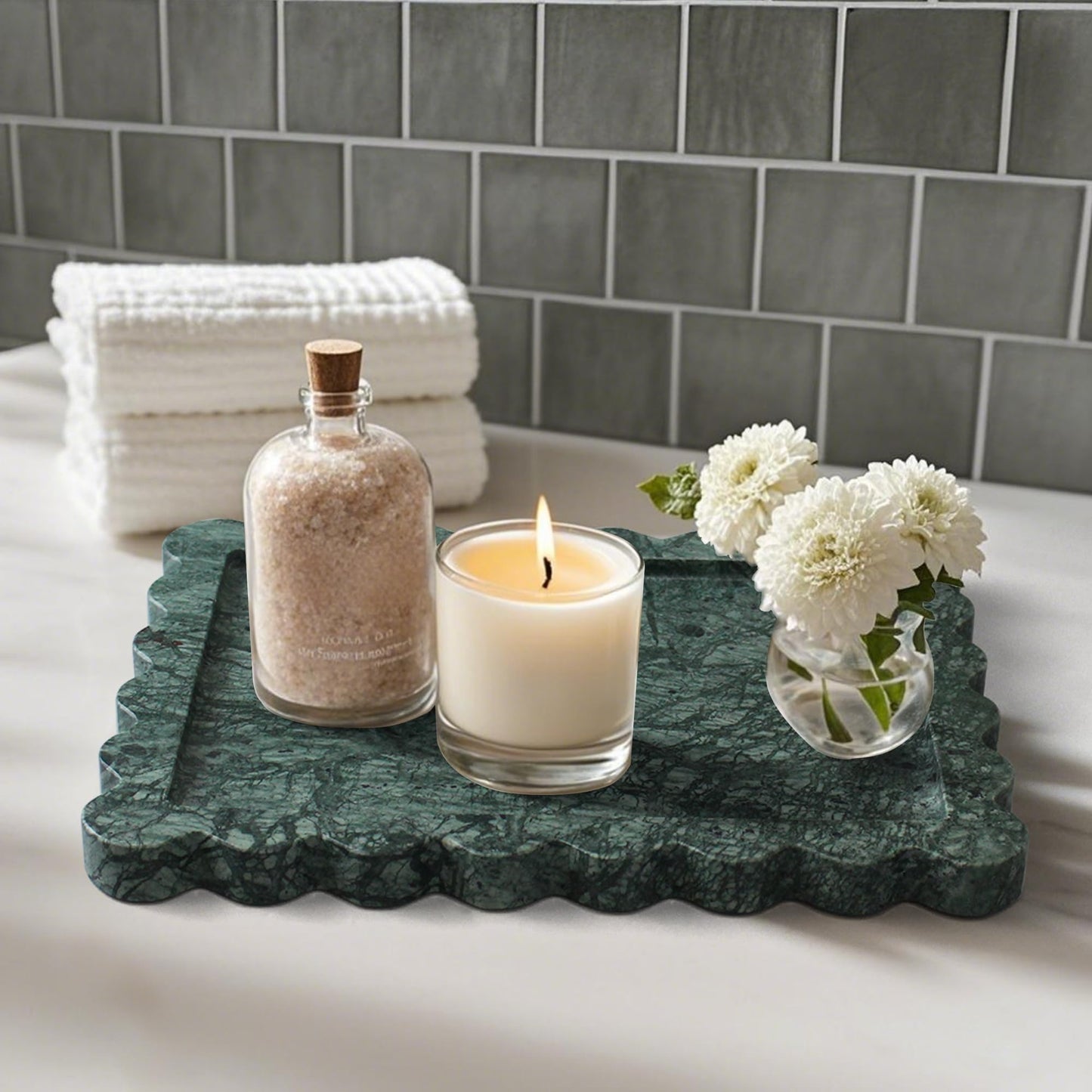 LIN CHUAN 100% Real Indian Green Marble Tray, Natural Scalloped Marble Tray, Luxury Decorative Trays for Bathroom Vanity, Dresser, Kitchen & Home Decor, 10.6 x 8 Inches, Dark Green