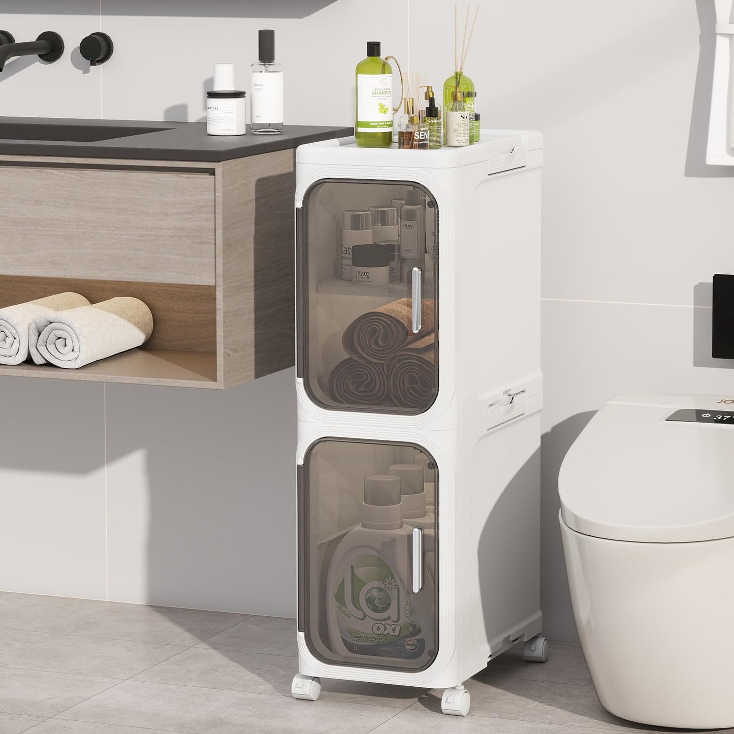 Neathub 2-Tiers Slim Bathroom Storage Cabinet, Foldable Storage Cabinets,Narrow Bathroom Storage,Movable Bathroom Storage Organizer for Small Spaces,Bathroom,Kitchen,Laundry,White