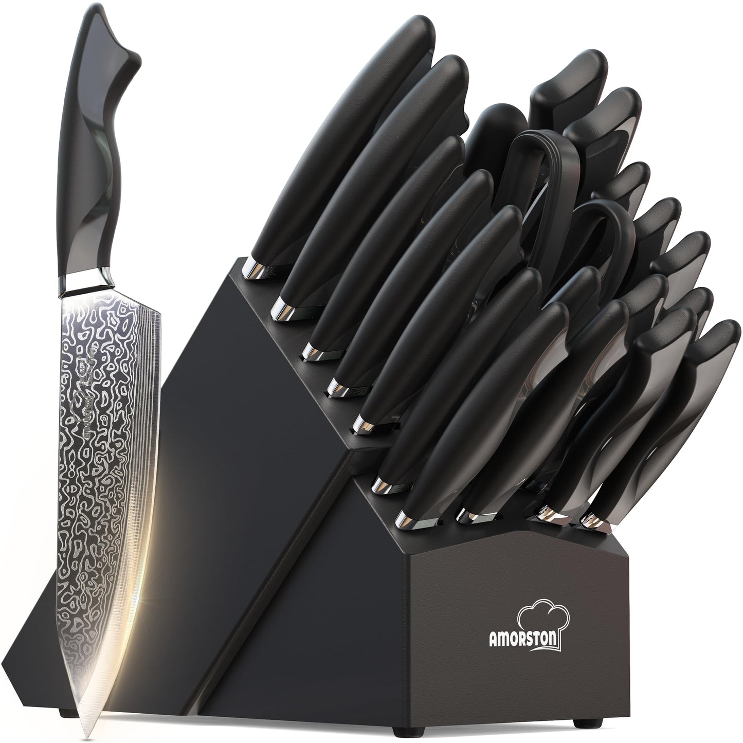 Amorston 22 Pieces Knife Set, Laser Engraved High Carbon Stainless Steel Knife Block Set, Full Tang Professional Kitchen Knife Set with Built-in Sharpener, Fathers Day Gift for Men