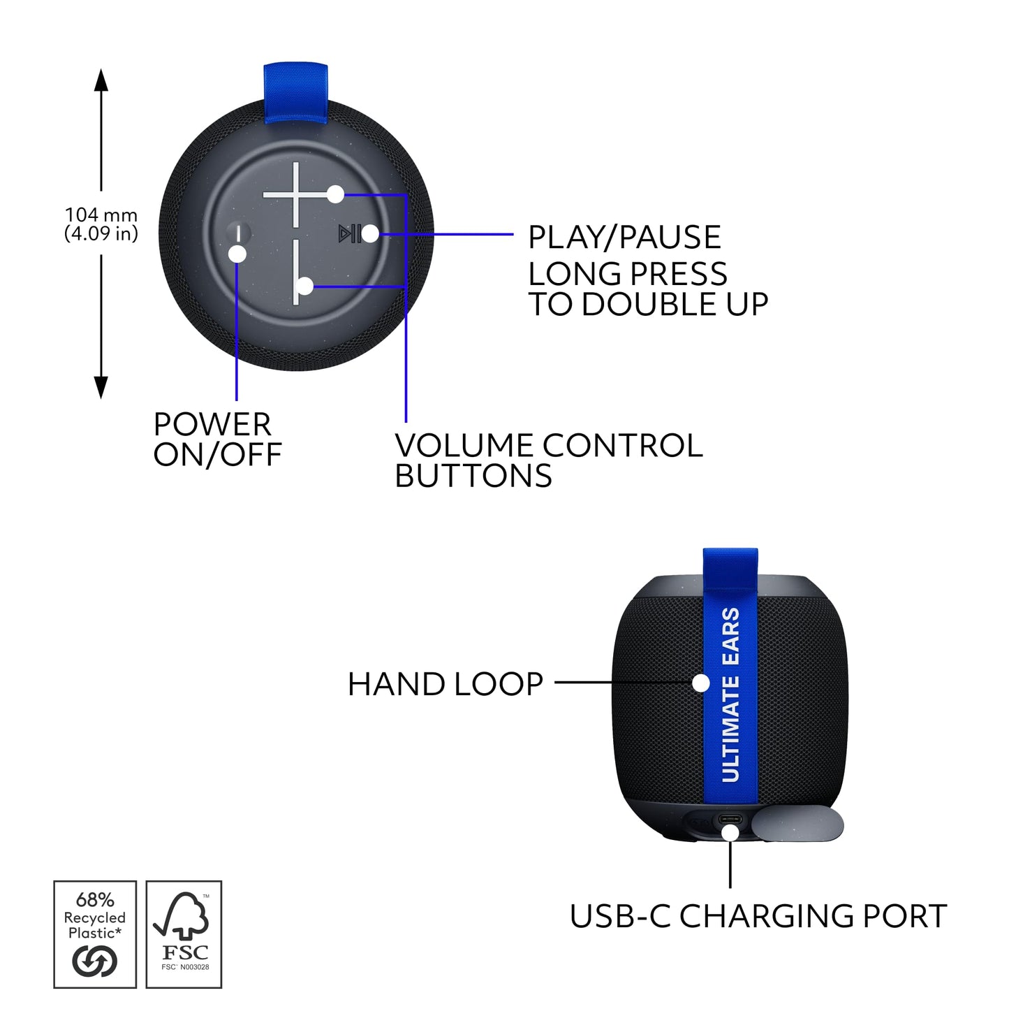 Ultimate Ears WONDERBOOM Play Portable Waterproof Bluetooth Speaker, Dustproof Floating Speaker with 131ft (40m) Range, Black