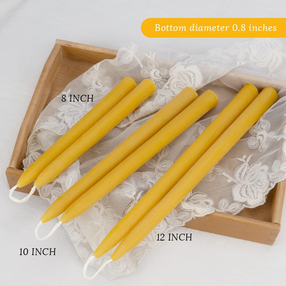 24 Pack Natural Beeswax Taper Candles in Bulk 10 inch Tall - Dripless Candle 100% Pure Unscented Beeswax, 8 Hours Long Burning Time -Yellow