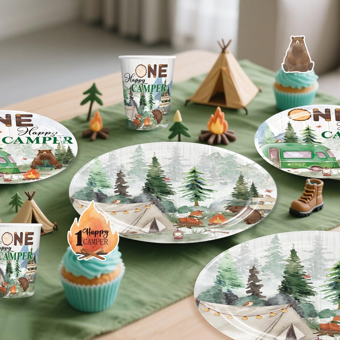 Cocomigo 248pcs Camper Birthday Decorations, All-in-One Camper Theme Party Pack with 20 Plates, Backdrop Tablecloth Balloon Arch for First Birthday Decorations for Boy, Serves 20 Guests