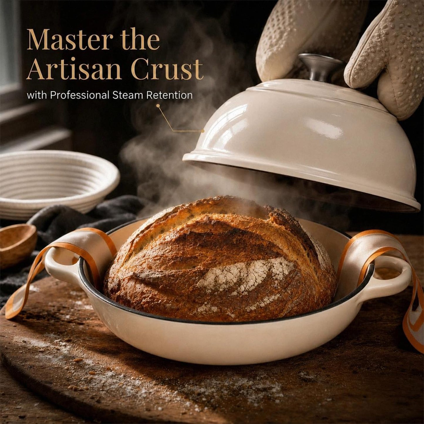 AHJ 6QT Dutch Oven For Bread Baking, Enameled Cast Iron Dutch Oven Pot with Lid, Multi-Functional Bread pan, Sourdough Baking Supplies with Proofing Basket, Cast Iron Bread Oven, Silicone Sling & Gloves.