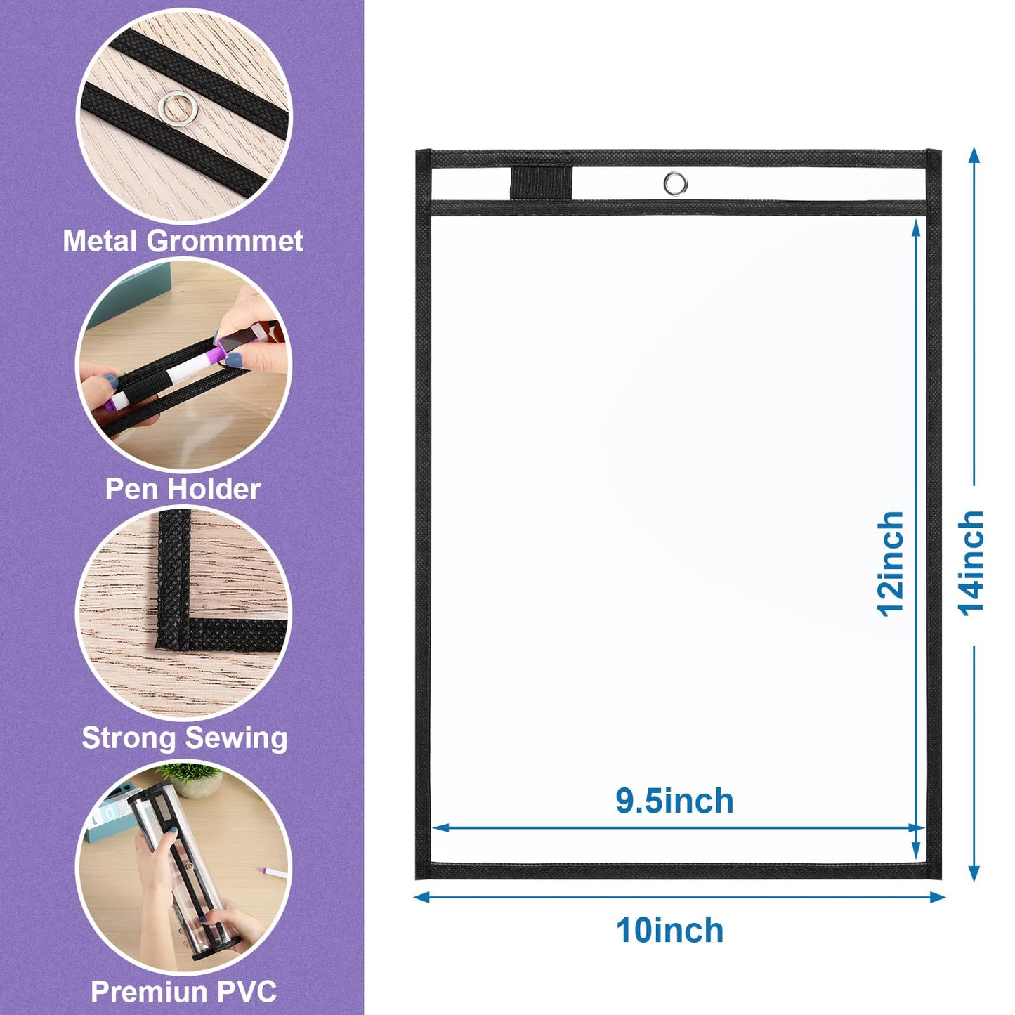 Nezyo Dry Erase Pockets Plastic Job Ticket Holders Shop Holder Order Pockets Clear Sleeves Tickets Folders Plastic Sleeves Paper Teacher Supplies for Classroom (14 x 10 in,Black,50 Pcs)
