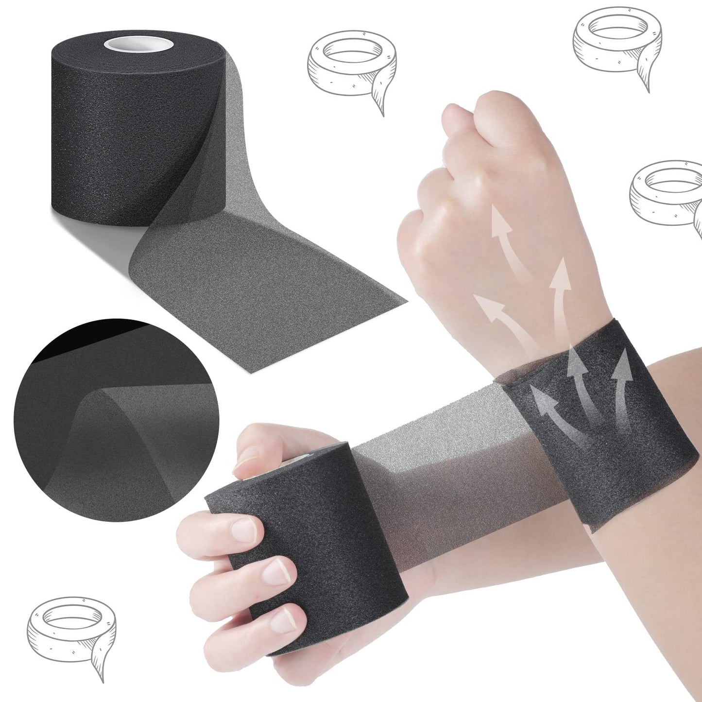 24 Pieces Foam Underwrap Tape Sports Prewrap Athletic Tape Foam Pre Wrap for Ankles Wrists Hands and Knees(Black)