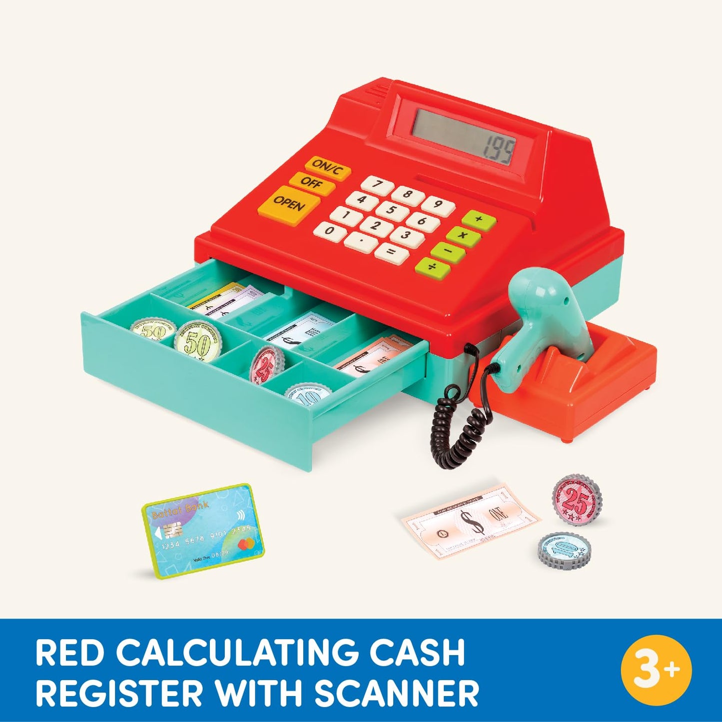 Battat – Toy Cash Register For Kids, Toddlers – 49Pc Register With Toy Money, Credit Card, Scanner– Pretend Play Toy – 3 Years + – Red Calculating Cash Register With Scanner