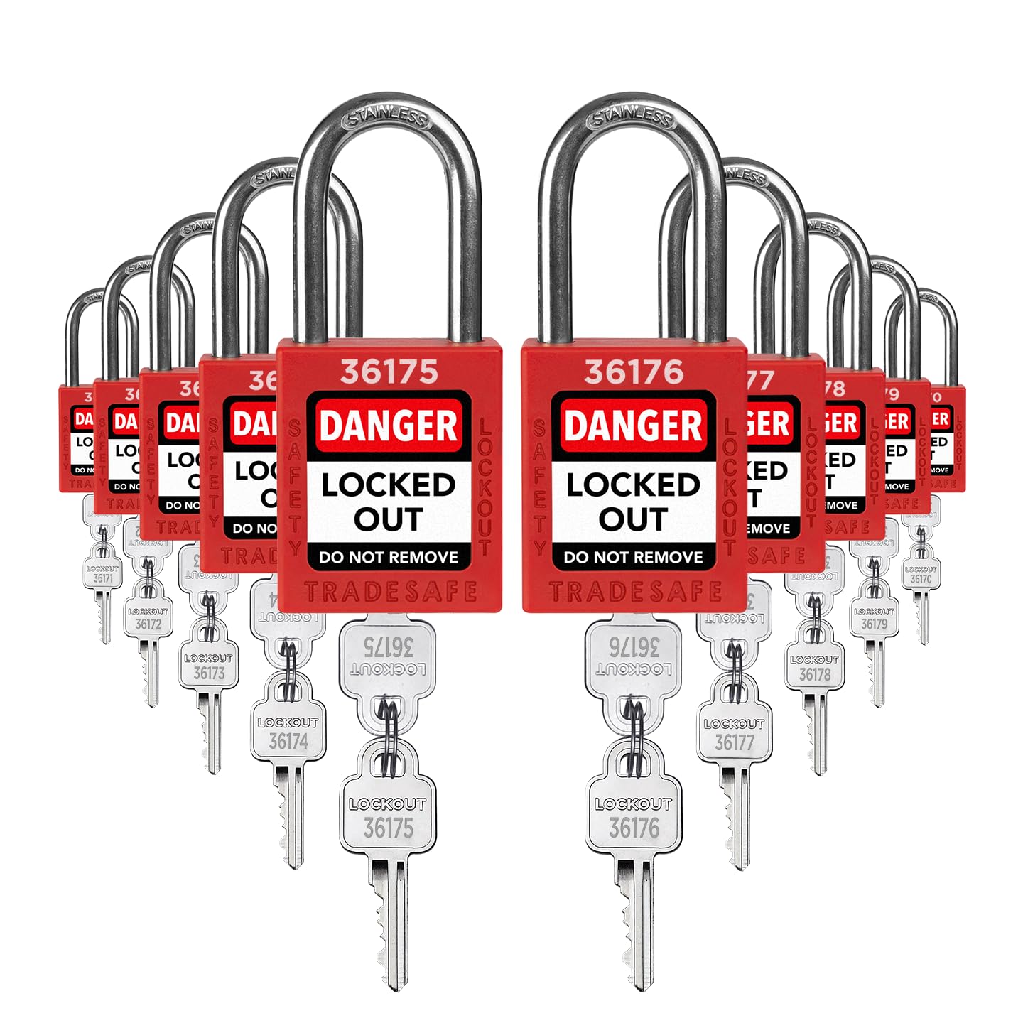 TRADESAFE Lockout Tagout Locks Set - 10 Red Loto Locks, Lockout Locks Keyed Different, 2 Keys Per Lock, OSHA Compliant Lock Out Tag Out Padlocks, Safety Padlocks for Electrical Lockout Tag Out Kits