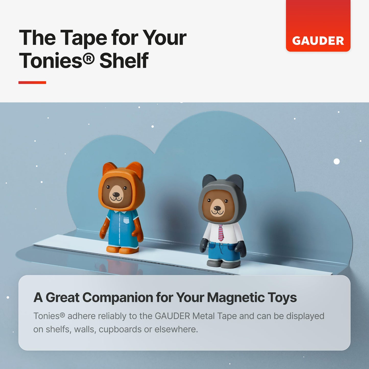 GAUDER Self-Adhesive Metal Tape - Ideal for Tonie Figures & Shelves - Holding Surface for Magnets - Ferrous Tape with Foam Adhesive - Thin Metal Steel Strip (41 ft x 1.4 in)