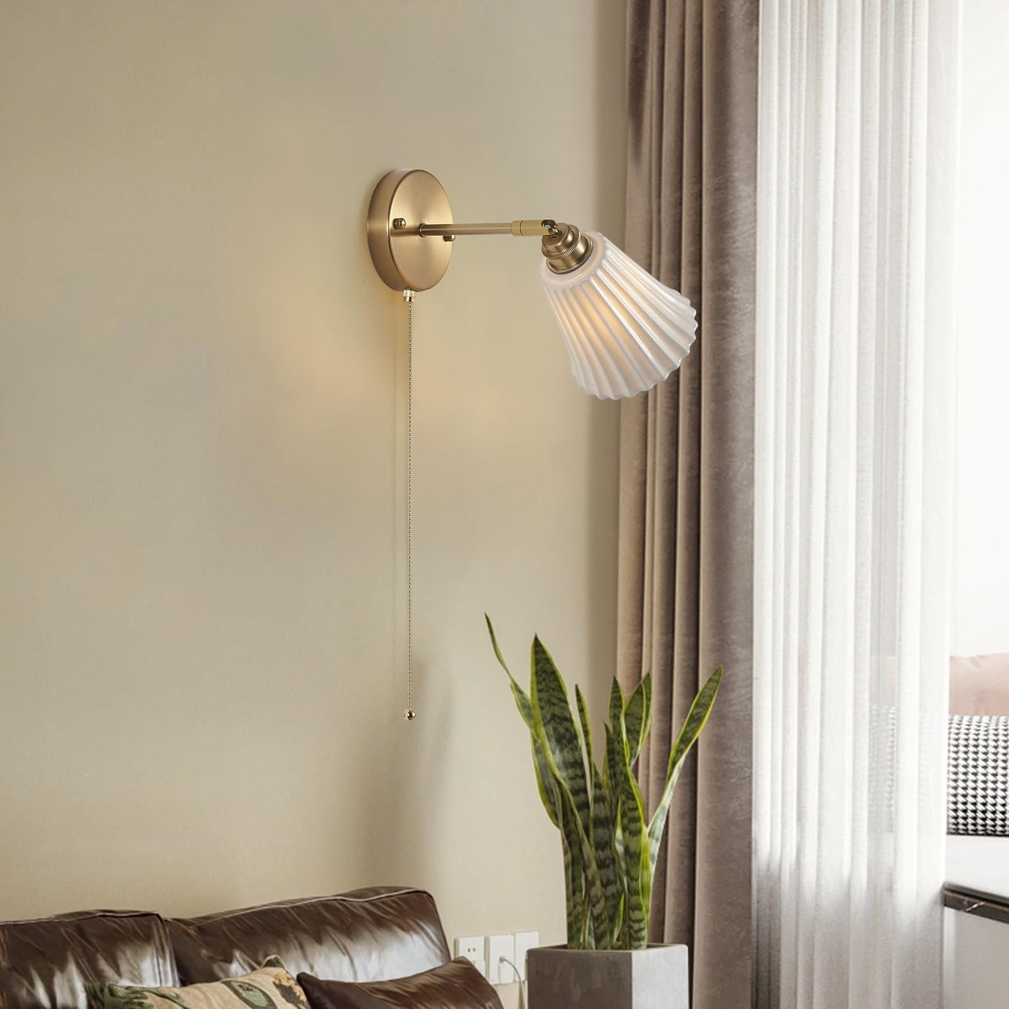 2-Pack Modern Gold Ceramic Hardwired Wall Sconces with Pull Chain Switch & Adjustable Arms – Indoor Wall Light Fixtures for Living Room, Bedroom, Kitchen & Home Office