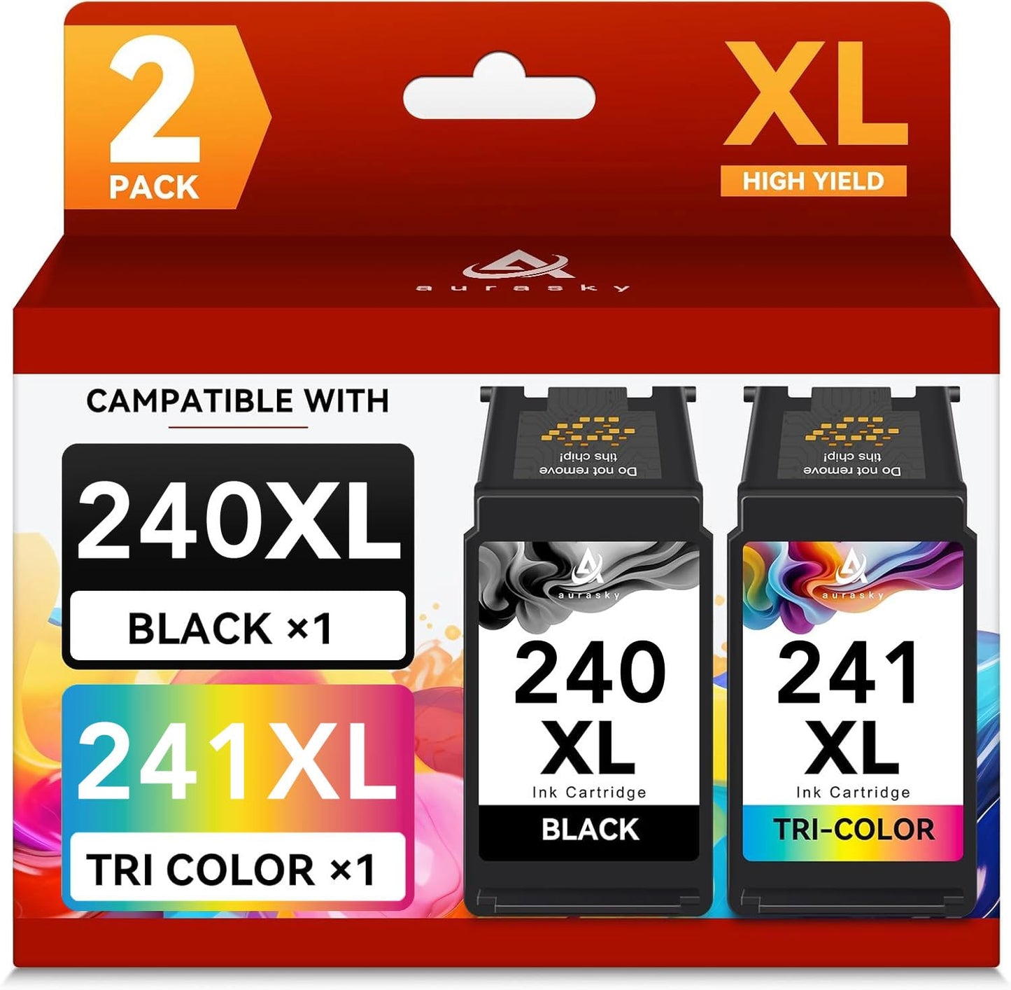 AURASKY PG-240XL/CL-241XL Ink Cartridges Compatible for Canon 240XL 241XL Combo Pack 240 241 Ink for PIXMA MG3620 MG3600 TS5120 TS5100 MG3220 MG3520 MX472 Printer Ink (1 Black, 1 Tri-Color)
