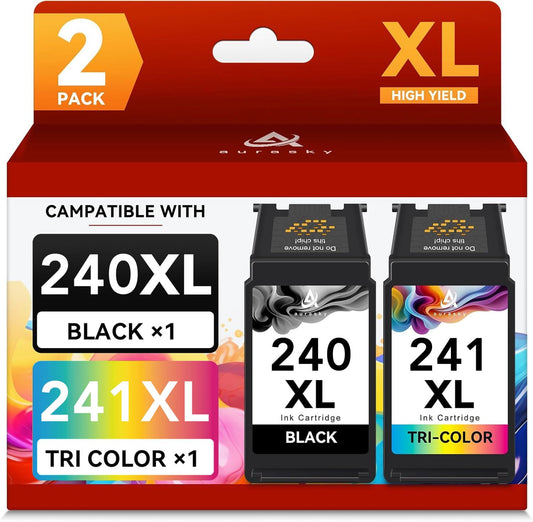 AURASKY PG-240XL/CL-241XL Ink Cartridges Compatible for Canon 240XL 241XL Combo Pack 240 241 Ink for PIXMA MG3620 MG3600 TS5120 TS5100 MG3220 MG3520 MX472 Printer Ink (1 Black, 1 Tri-Color)