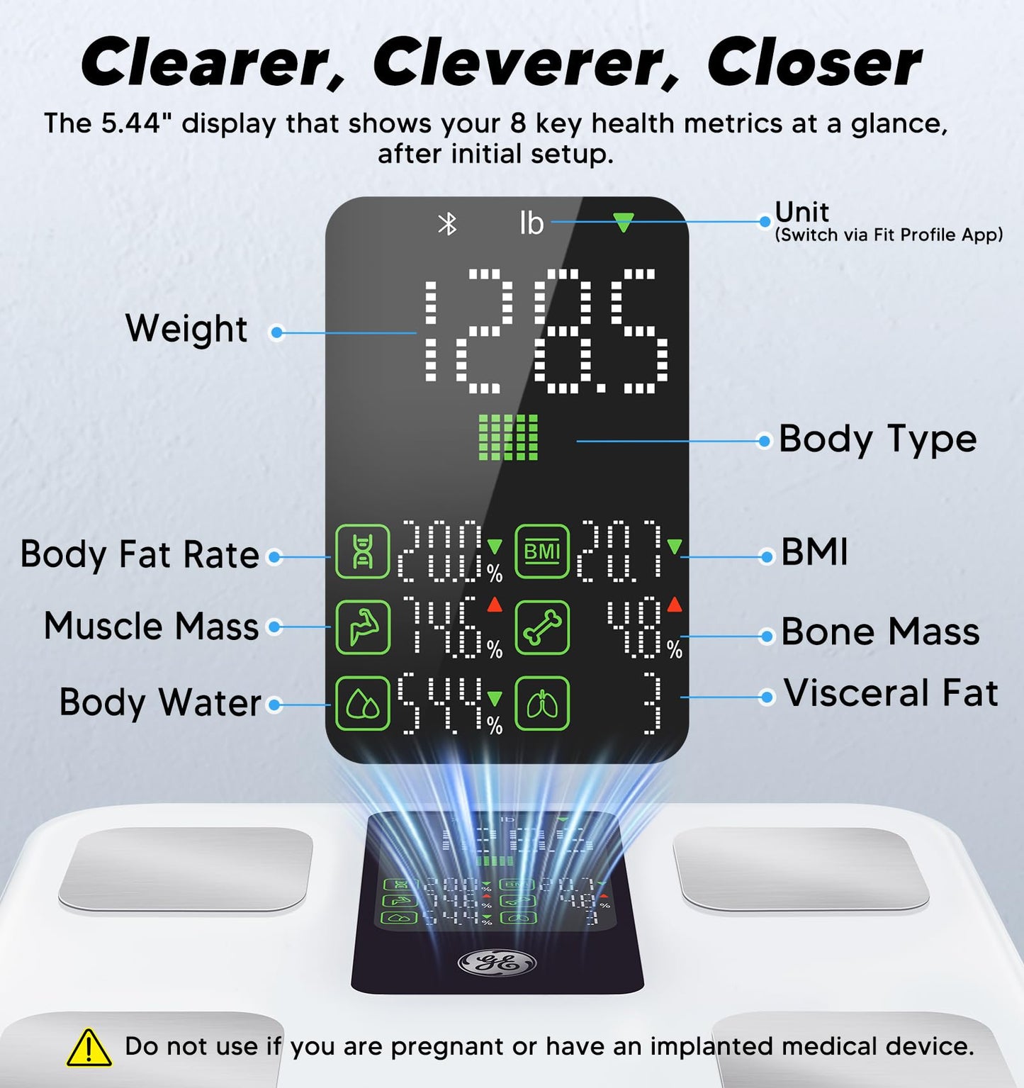 GE Smart Body Weight Scale, with 8-in-1 Display for BMI Body Fat Muscle Mass, Digital Bathroom Bluetooth Scale, 14 Composition Analyzer for Health Monitoring, 11.8", Accurate 400lb Weighing, White