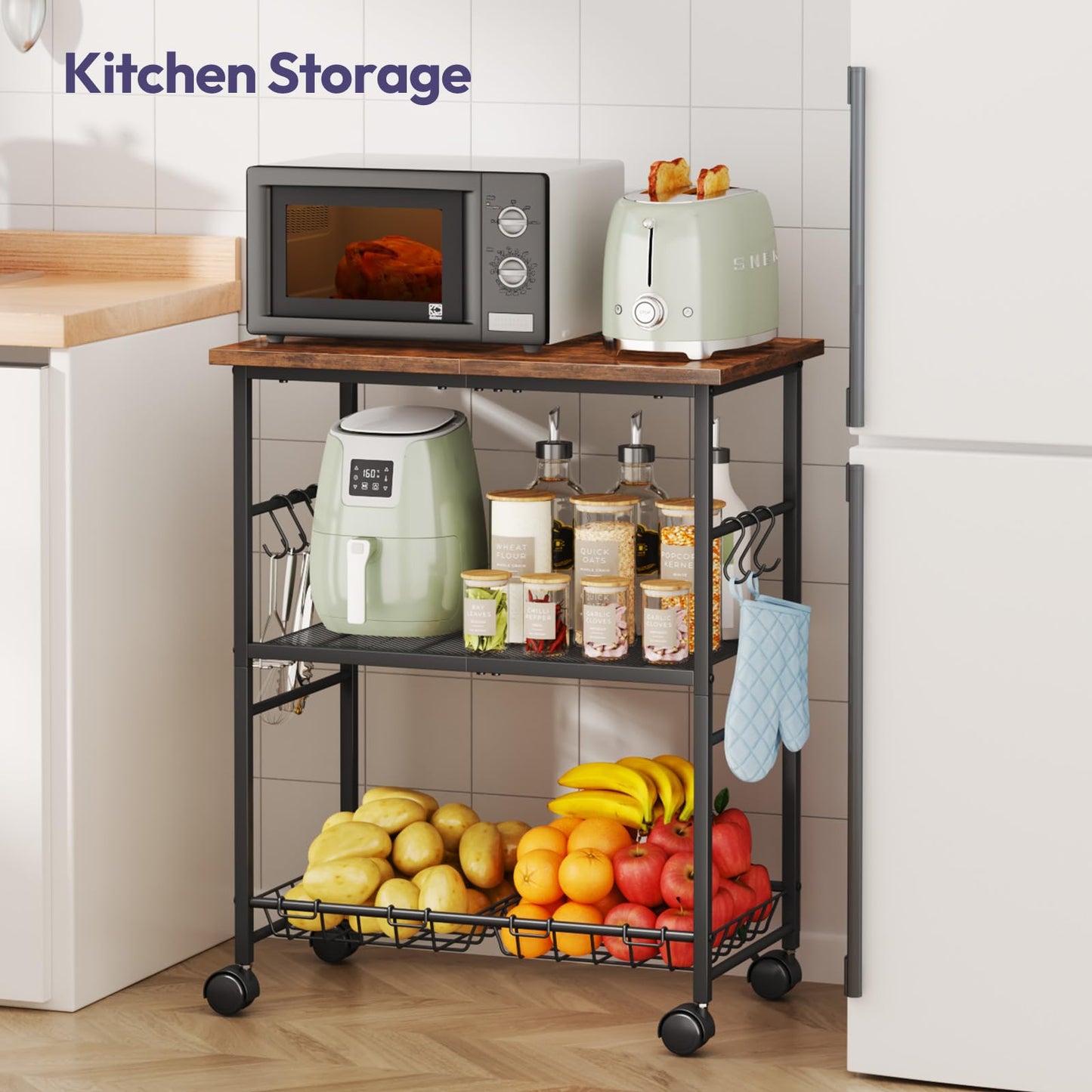 SWTYMIKI Rolling Kitchen Microwave Cart - 3 Tier Microwave Table Stand with Storage Basket and Hooks, Kitchen Utility Cart on Wheels, Coffee Cart Shelf Rack Organizer for Living Room Office, Balcony