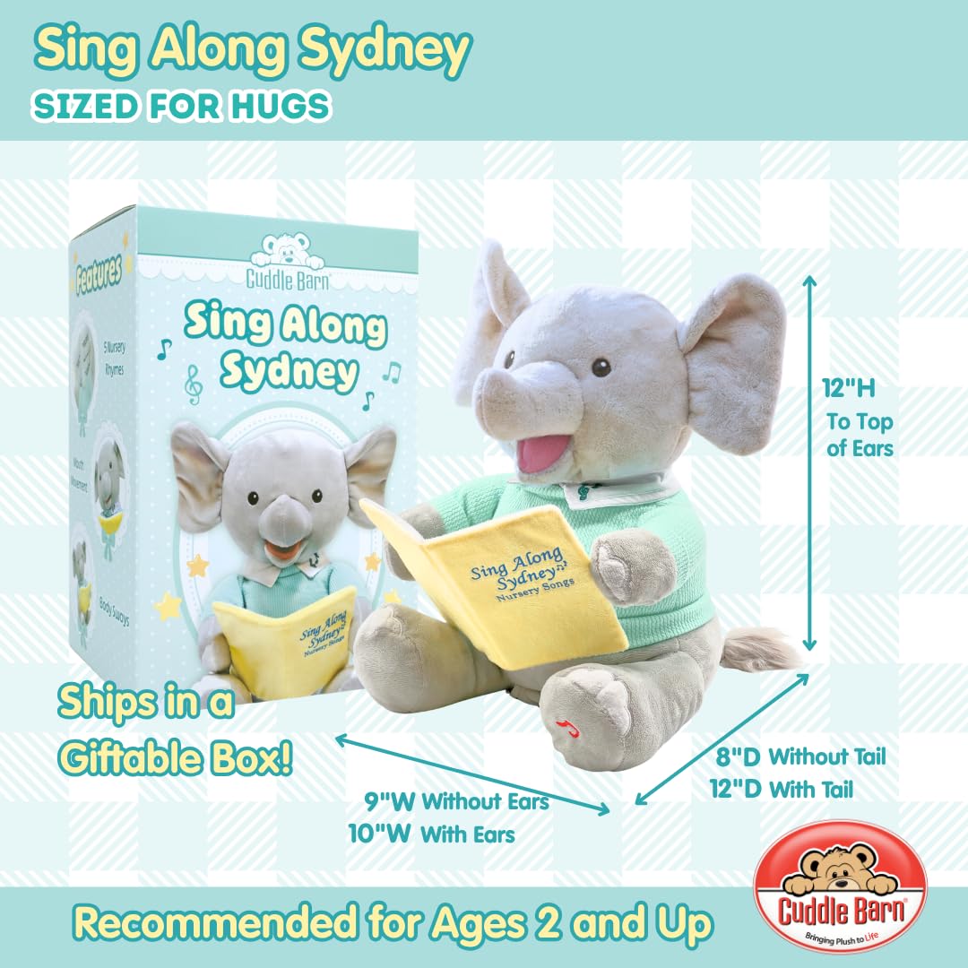 Cuddle Barn - Sing Along Sydney | Animated Plush Elephant Sings 5 Classic Nursery Rhymes | Musical Stuffed Animal | Mouth and Body Moves to Music | Great Gift for Toddler Boys and Girls - 12"