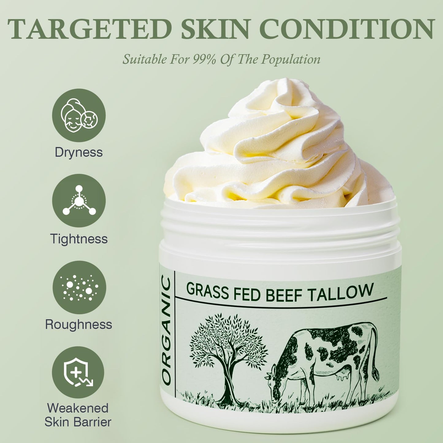 mkzea Beef Tallow, Beef Tallow for Skin, Tallow Face Moisturizer, Unscented 100% Organic Beef Tallow Blam Grass Fed Whipped Tallow Face Cream Moisturizer Body Lotion Skin Care, 2 packs