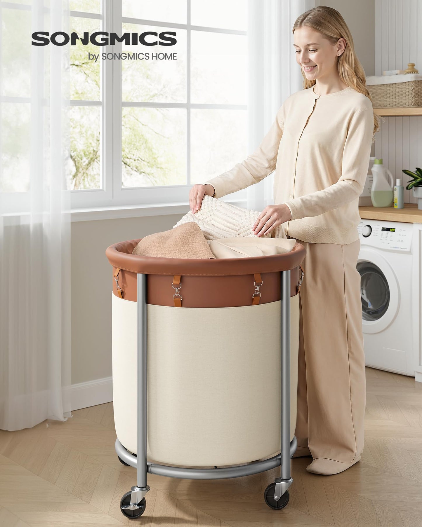 SONGMICS 50.2-Gallon (190 L) Laundry Basket with Wheels, Rolling Round Heavy-Duty Laundry Hamper Cart with Steel Frame and Removable Bag, 2 Locking Wheels, Coffee Brown and Cream White URLS001KQ02