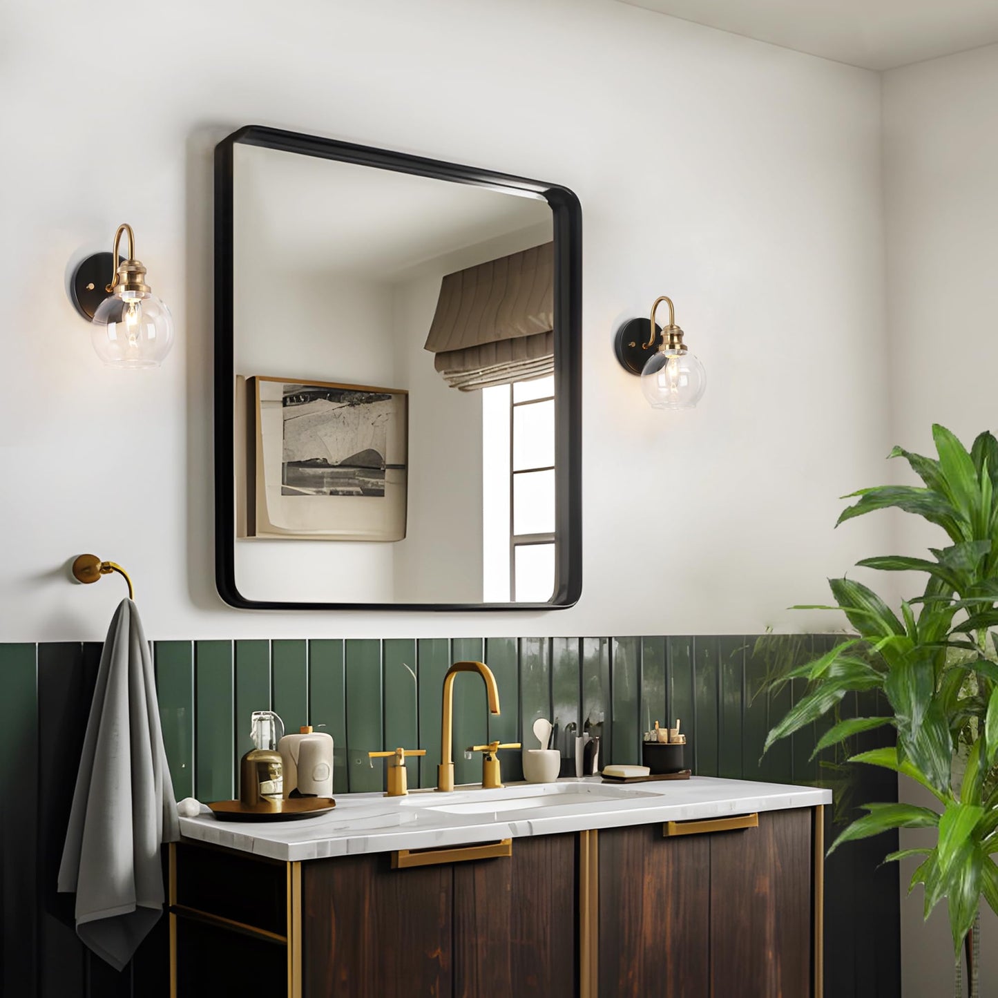 KSANA Black Gold Sconce, Modern Globe Wall Sconces Lighting with Clear Glass Shade, 1-Light Brass Wall Mounted Light Fixture for Bathroom, Kitchen, Bedroom and Stairway