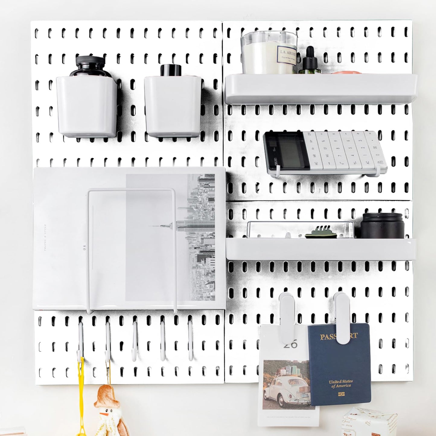 RIVTUN Pegboard Combination Kit for Wall Organizer, Wall Mounted Peg Board Kits for Kitchen, Bedroom, Office, &Bathroom, 4 Pieces White Pegboards and 14 Accessories, 22" x 22"