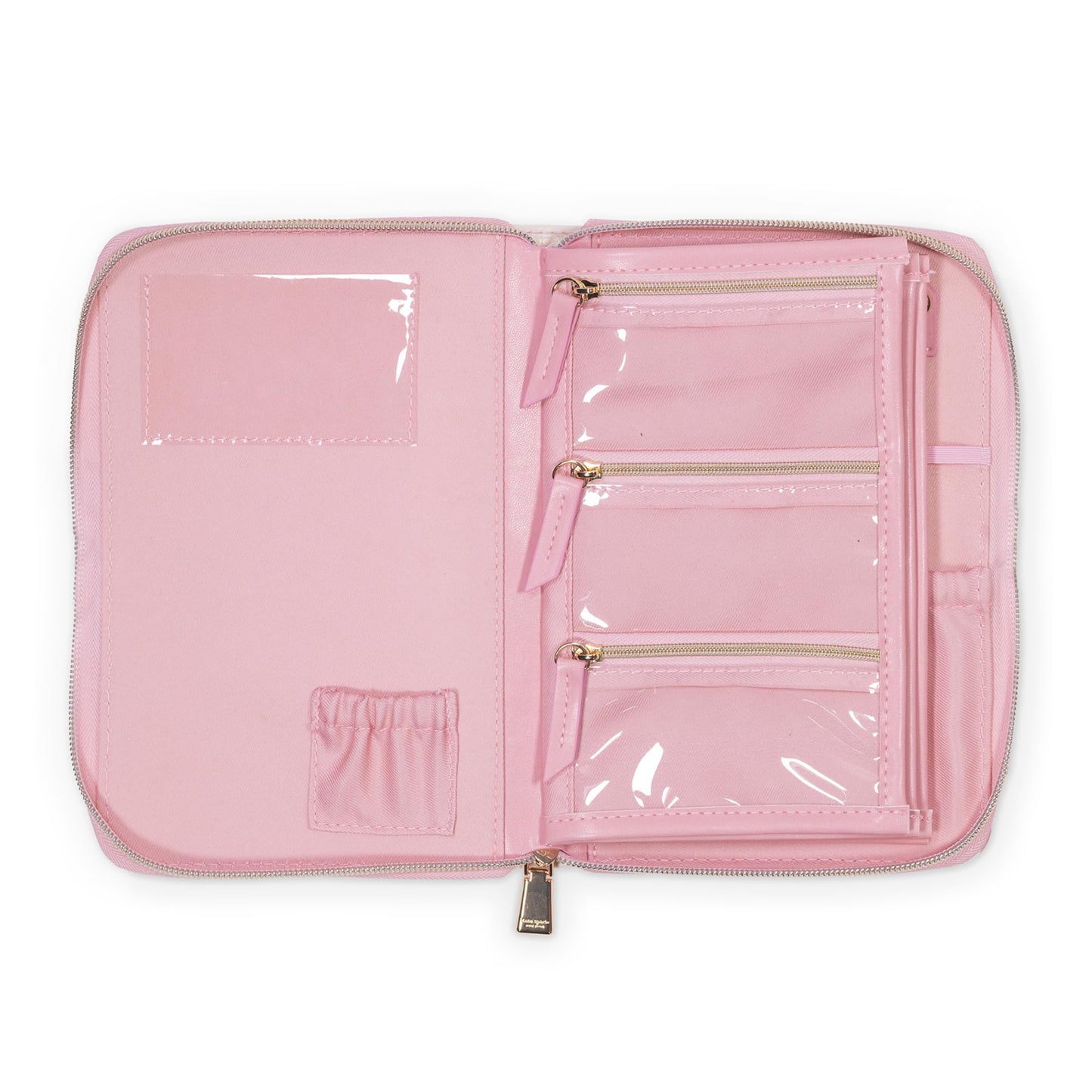 kate spade new york Travel Jewelry Folio, 8.5" x 6" Organizer with 8 Zippered Pockets, Necklace Tabs & Tracker Pocket, Leatherette Case with “For Safe Keeping” Quote (Goddess Stripe)