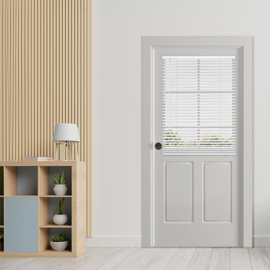 DEZ FURNISHINGS Cordless No Tools 1" Magnet Mini Blinds for Metal Doors, Room Darkening, 25" W x 42" H, White