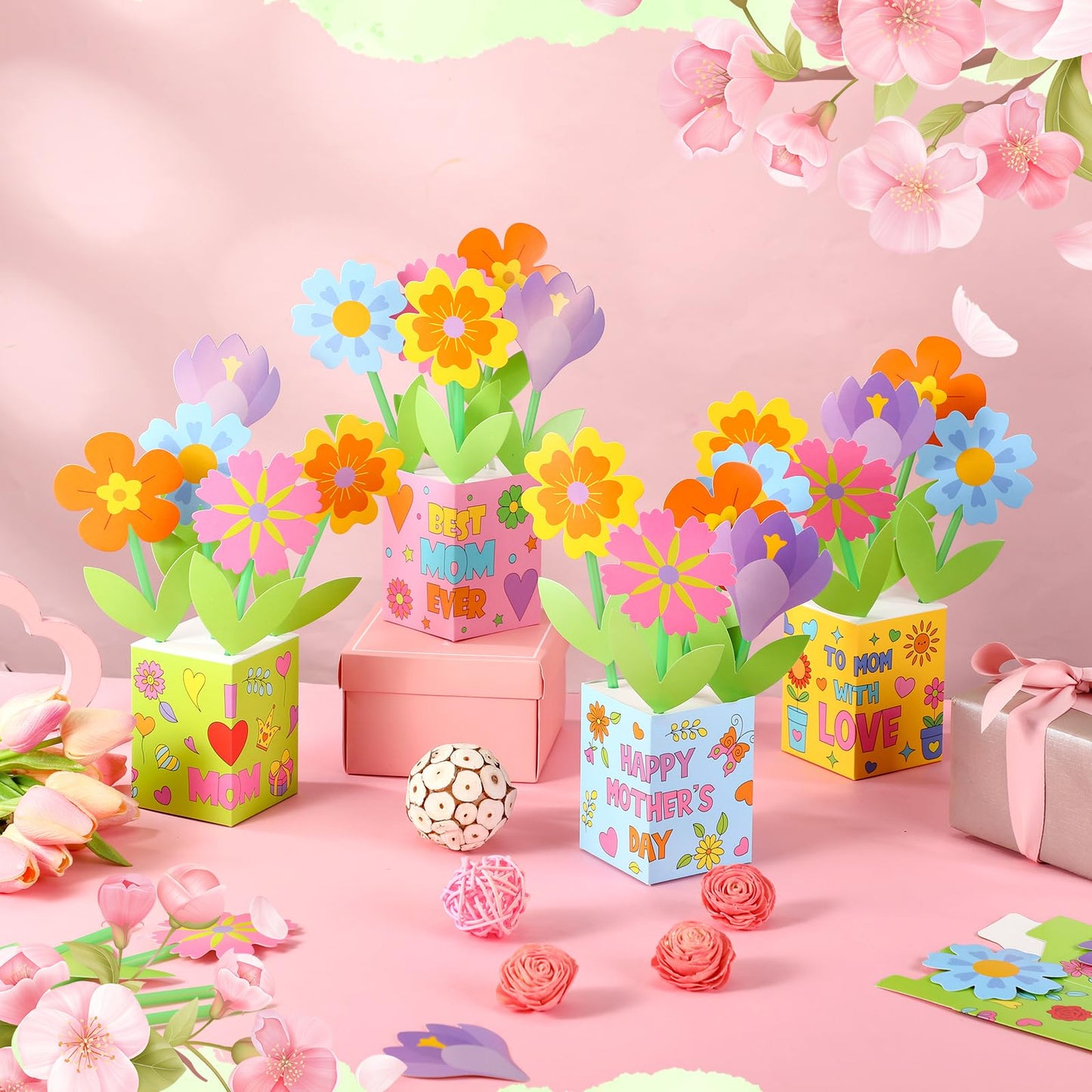 Motipuns 16 Set Mother's Day Flower Pot Crafts DIY Spring Floral Bouquet Crafts Kit Make Your Own Standing Flower Pot Handmade School Exchange Gift for Kids Party Activity Mom Teacher Appreciation