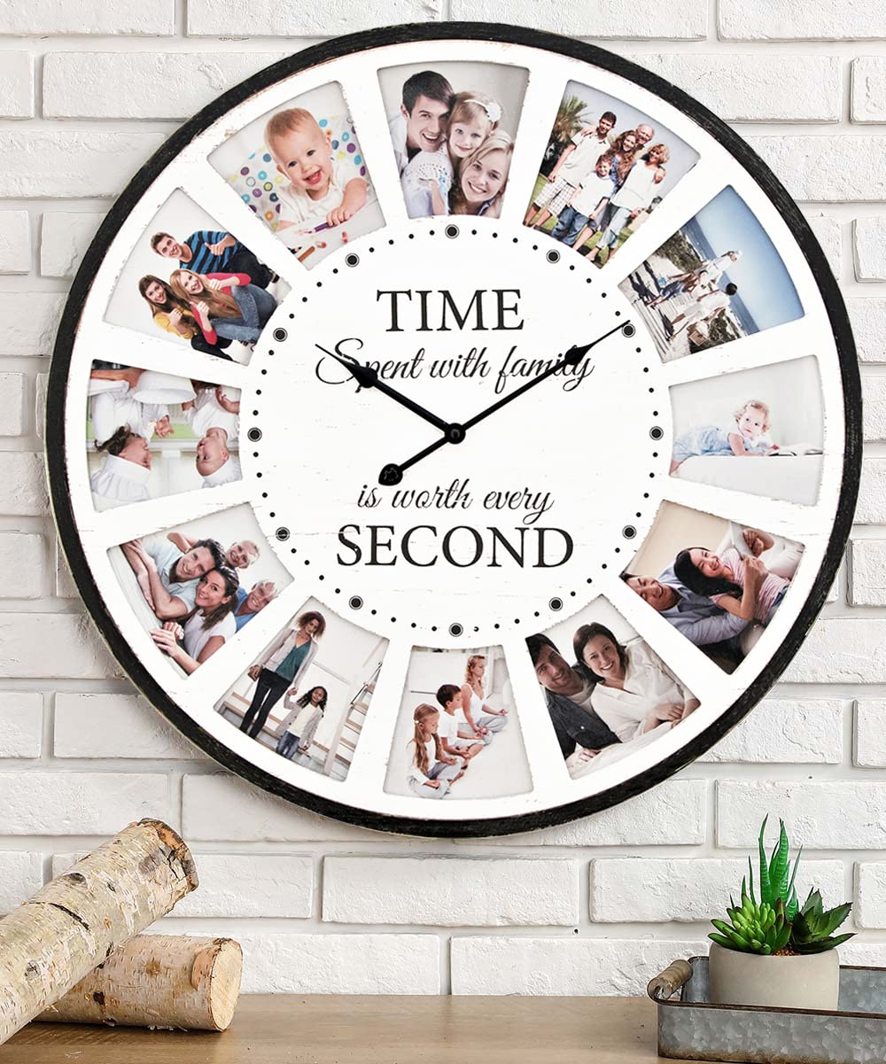 JUMBO HUMBLE 12 Photo Collage Family Wood Wall Clock, Rustic Farmhouse Wall Clock, Large Oversized Wall Clocks for Home, Kitchen, Living Room, Silent Battery Powered 24 Inch White