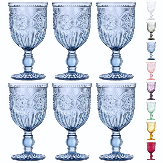 Yungala Blue Wine Glasses - Set of 6 Glass Goblets, 10oz - Dishwasher-Safe Handcrafted Stemmed Blue Vintage Glassware vintage wine glasses or water goblets or for those who love blue drinking glasses