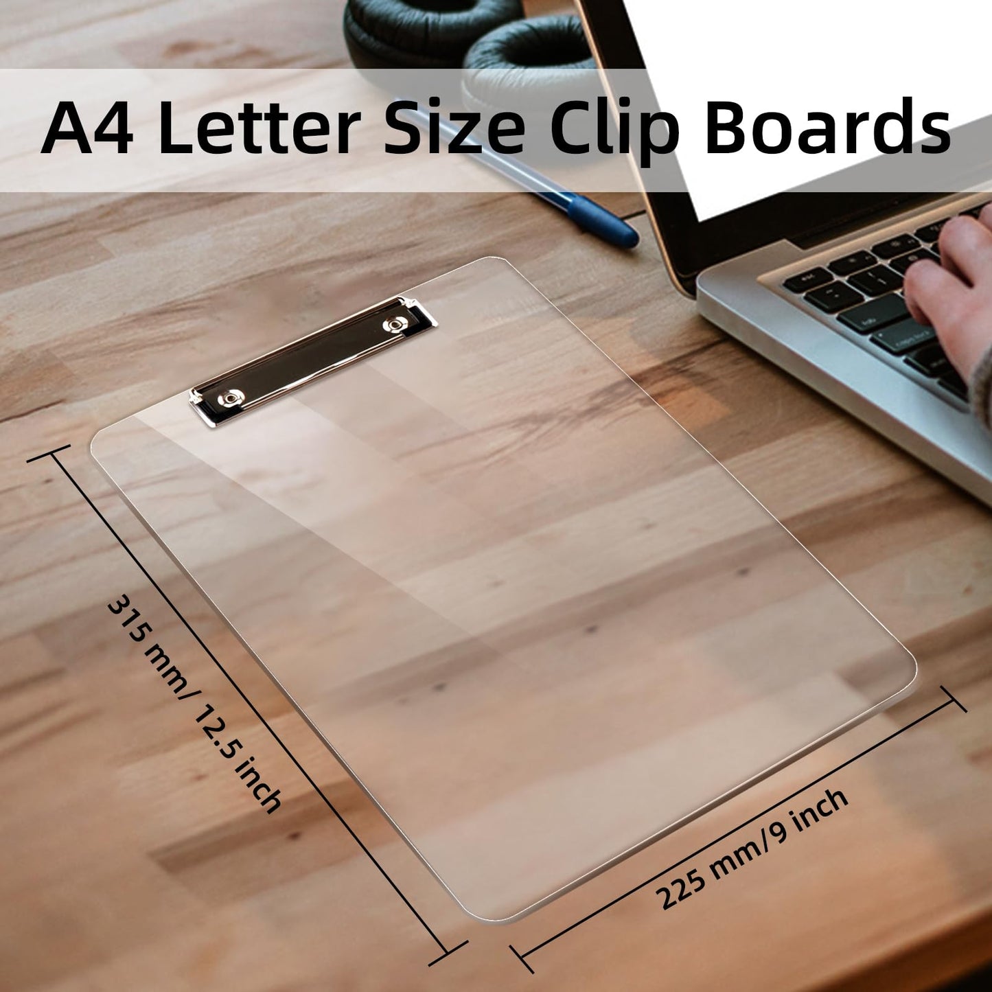 Macroclo Plastic Clipboards Set of 30, A4 Acrylic Clear Board 8.5x11 for Classroom, Students, Transparent Letter Size 9" x 12.5" with Low Profile Clip, Office & School Supply