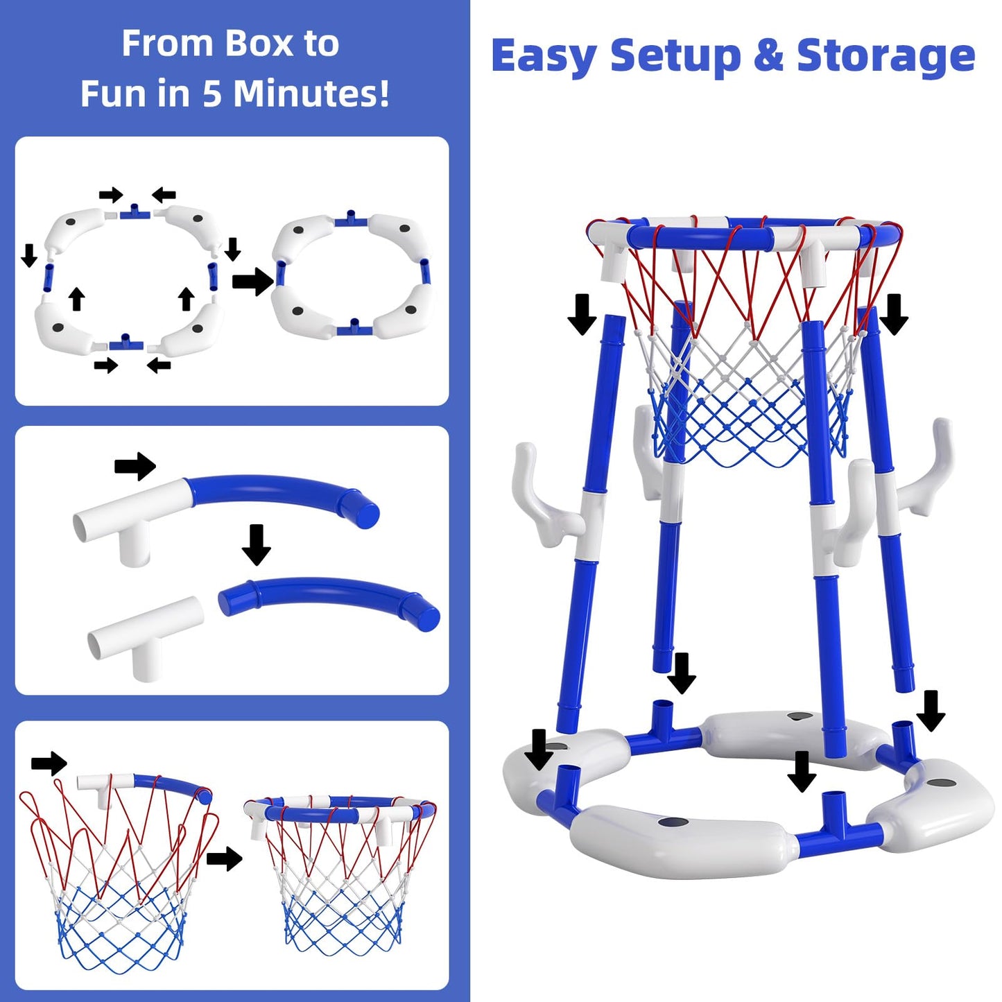 BLmukce Pool Basketball Hoop for Kids 4-8 & 8-12 Years Old - 2-in-1 Floating & Above Ground Water Game with 4 Balls, 12 Rings & Pump, Outdoor Play Swimming Pool Toy for Adult Summer Party (Blue)