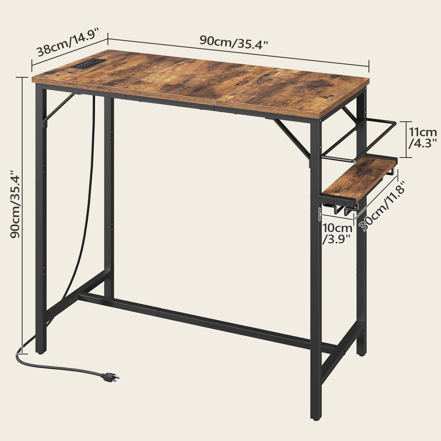MAHANCRIS Bar Table, 35.4-Inch Counter Height Pub Table with Charging Station, Rectangular Dining Table with Wine Rack and Glass Holder, High Top Cocktail Tables, for Kitchen (Only Table)