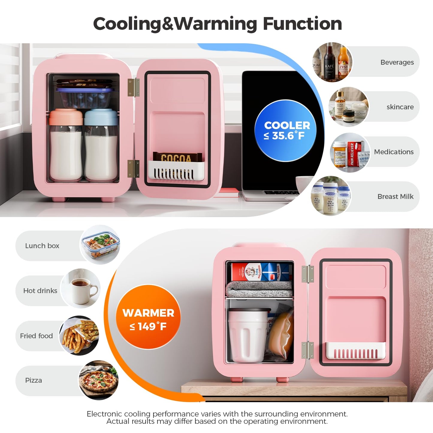 YASHE Mini Fridge, 4 Liter/6 Can Mini Makeup Fridge, 110V AC/ 12V DC Portable Thermoelectric Cooler&Warmer for Skincare, Drink, Cosmetic, Medicine, Small fridge for Bedroom, Office, Dorm, Car, Pink