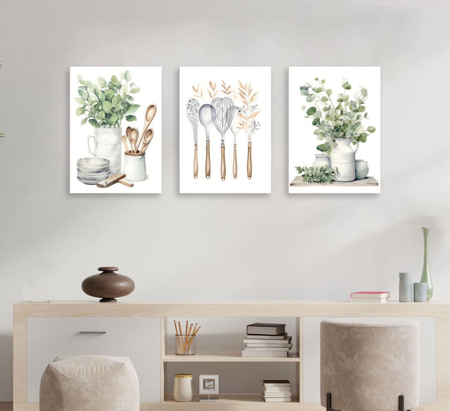 Boho Farmhouse Kitchen Canvas Wall Art Sage Green Plants Painting Pictures Dining Room Wall Decor Eucalyptus Leaves Green Botanical Poster Print Artwork for Farmhouse Kitchen Home Decoration