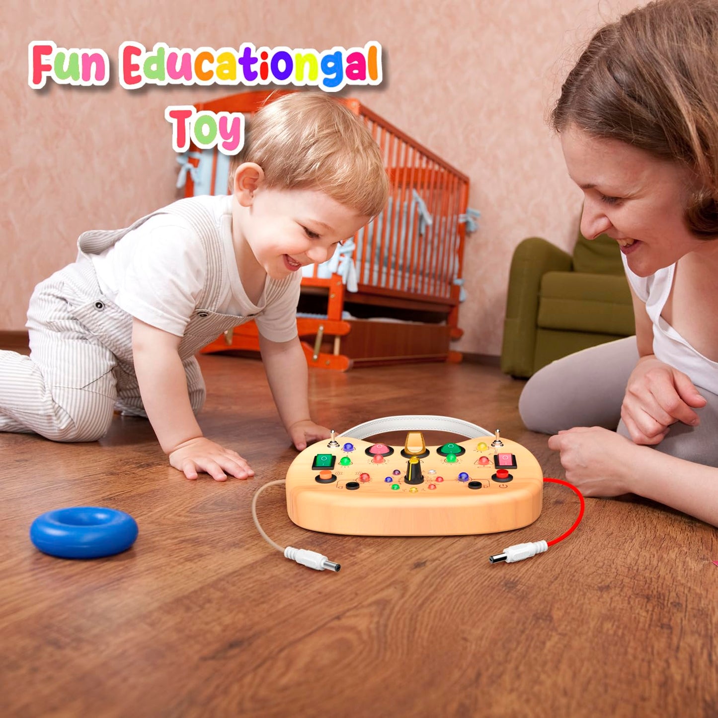 Busy Board with LED Light Switches,Toddlers Montessori Travel Toys for 1 2 3 Years Olds,Wooden Autism Activity Busy Board,Portable Sensory Switch Board toys 1+ Year Old Boy&Girl Birthday Gift