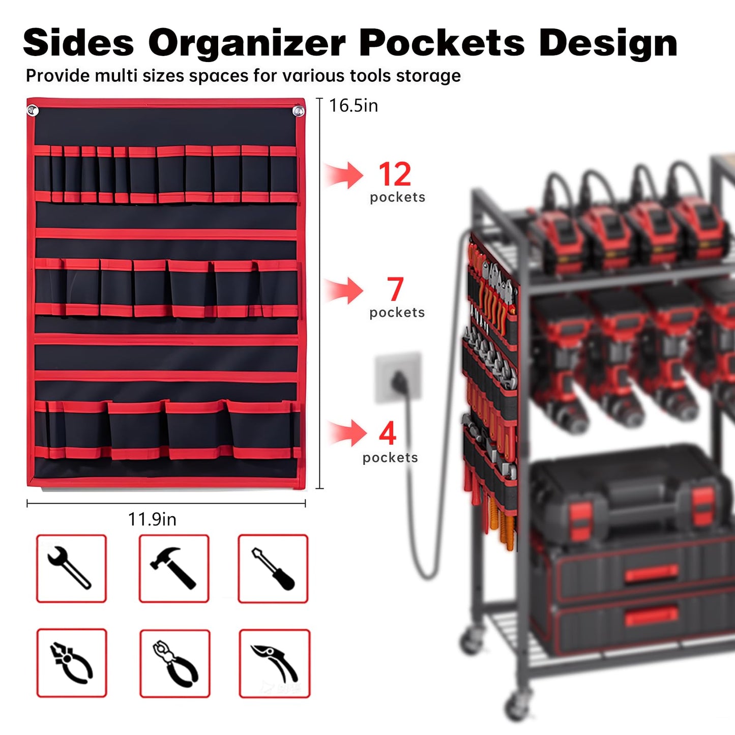 Large Power Tool Organizer Cart with Charging Station, 8 Slots for Cordless Drill Holder with Drawers, Rolling Storage Cart with 8 Power Outlet Heavy Duty Garage Organizer with Wheels for Men