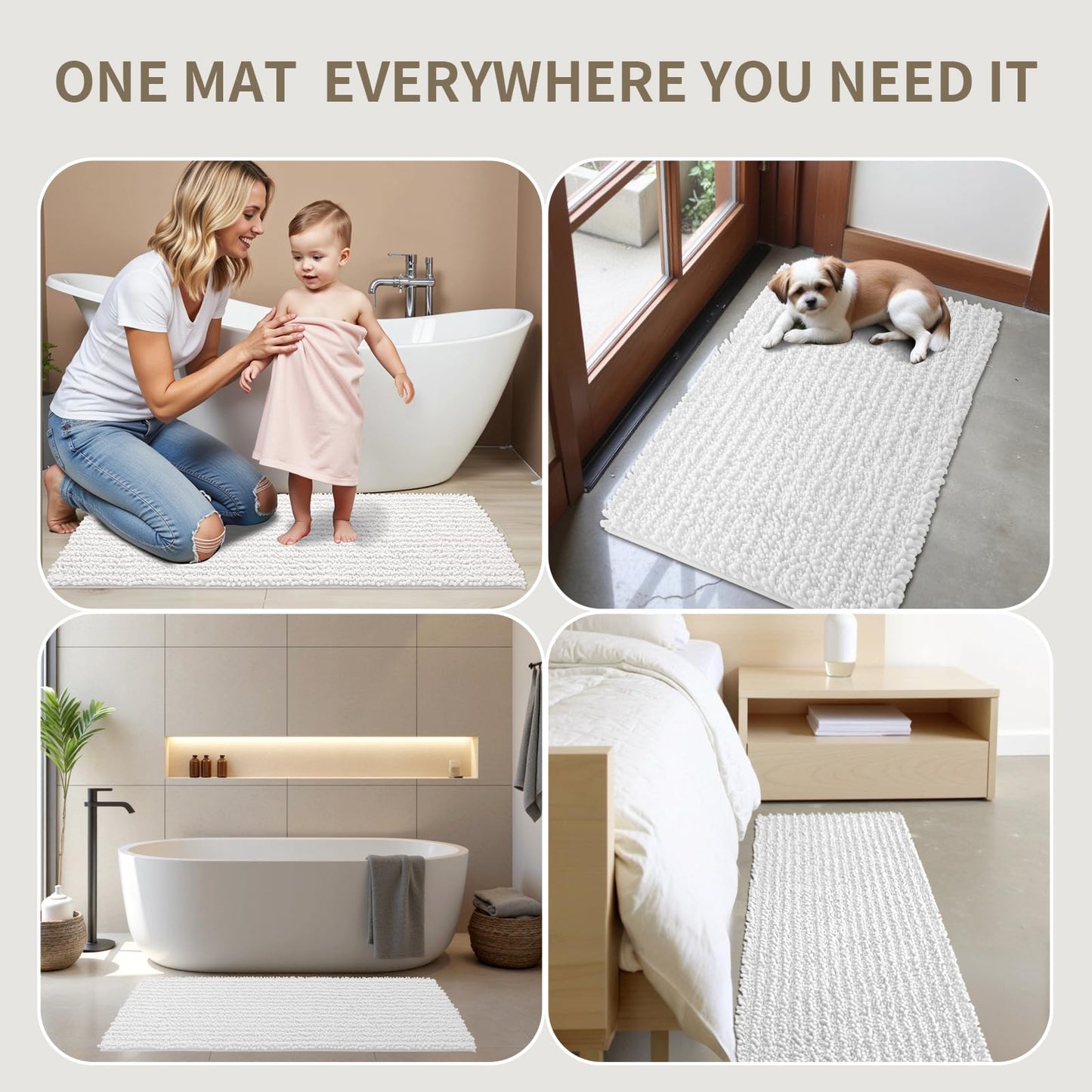 Ruggnovea Bathroom Rugs Non Slip Washable 60x24, Extra Thick Soft Chenille Absorbent Bath Mat, High Density Barrier Non Slip Backing, Quick Dry Plush Shaggy Floor Carpet for Tub&Shower, White