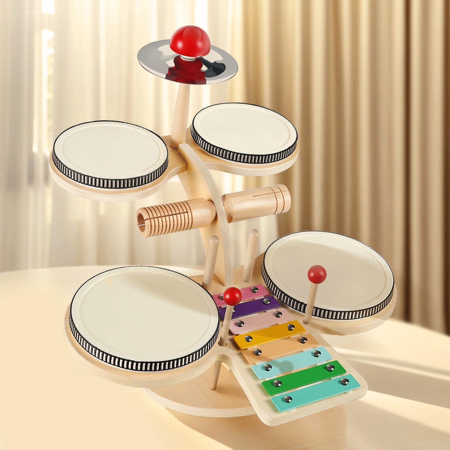 iPlay, iLearn Toddler Wooden Drum Set, Kids Musical Instruments Toy, 8 in 1 Percussion Drum Kit W/Xylophone Cymbal, Baby Montessori Learning Birthday Gifts for 18 Month, 2 3 4 5 6 Year Old Boy Girl
